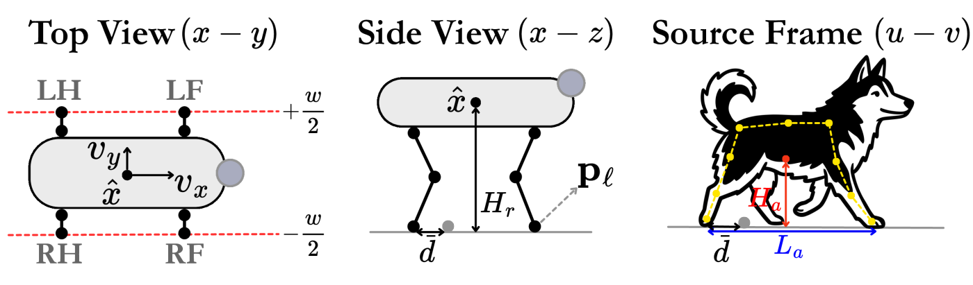 The reference quantities: stance tracks, robot height, foot sweep, and the detector keypoints used to scale the animal to the robot